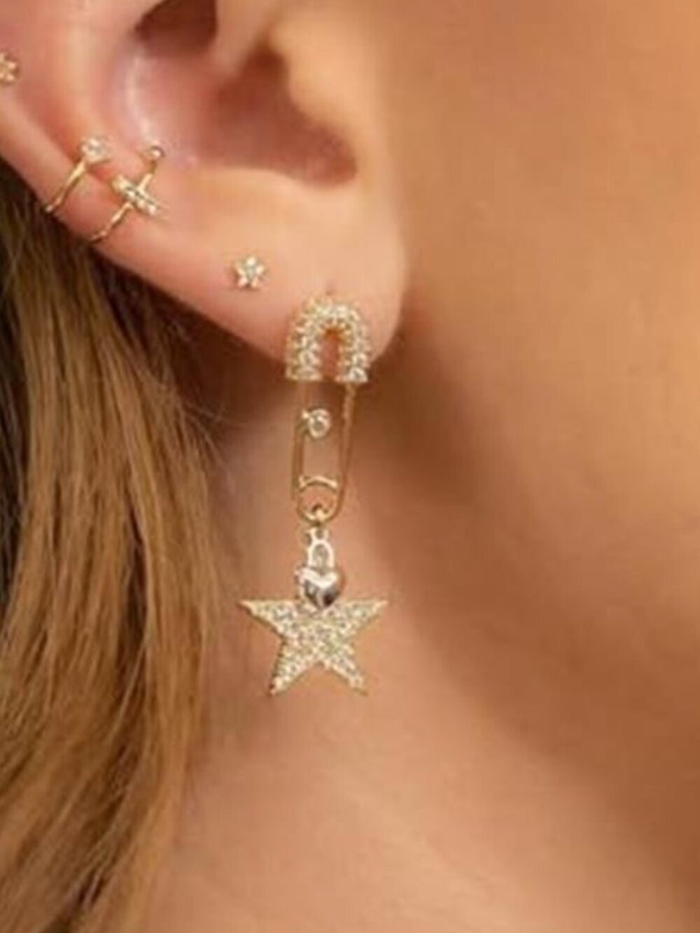 Gold Tassel Fringe Dangle Statement Earrings Star - Picture 3 of 9